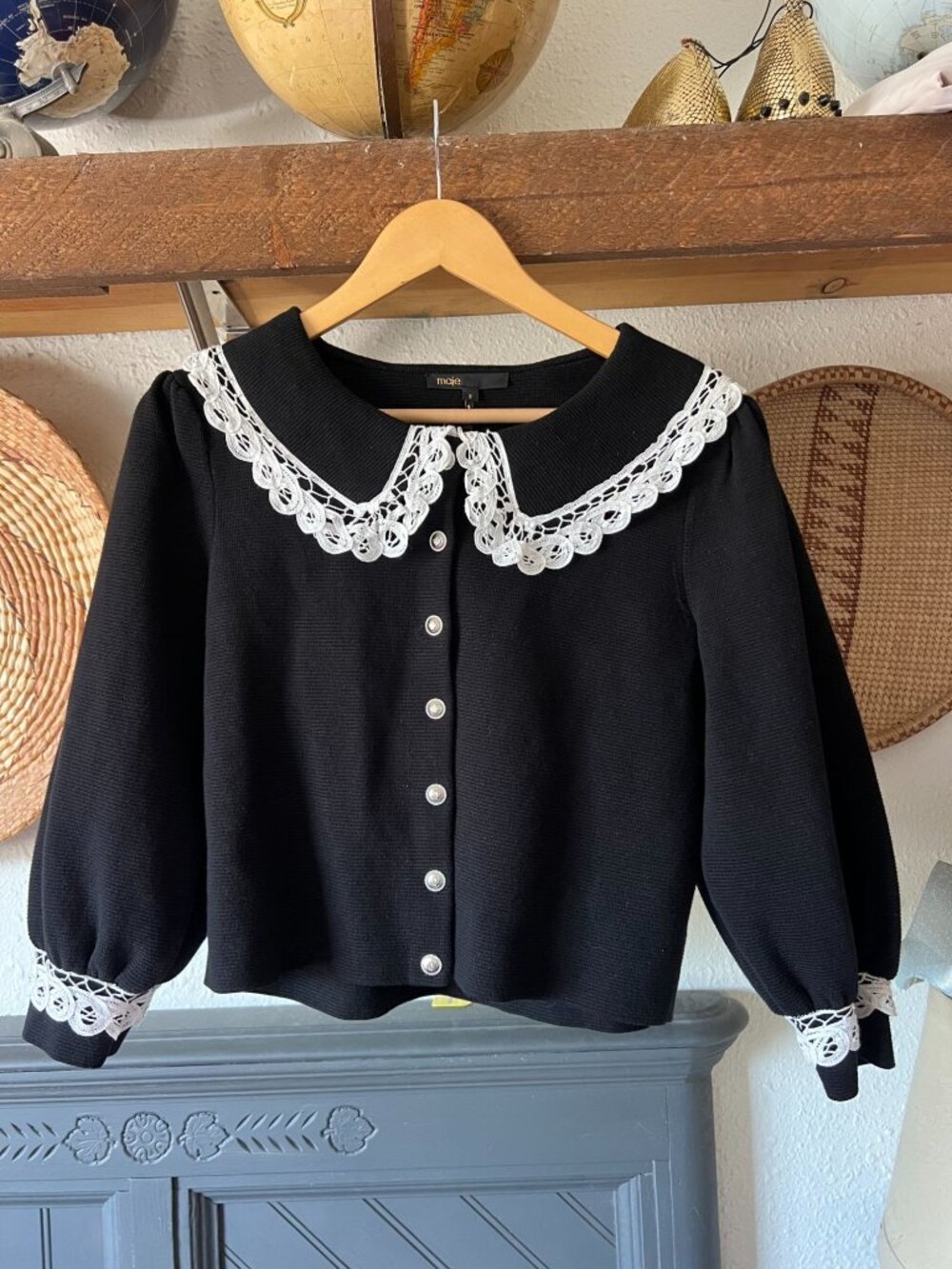 Maje Mirandal Black knit cardigan with large contrast collar Romantic Large - Picture 2 of 9